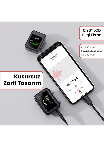 M1 WiFi Tek Vericili Gürültü Engelleme 50 Metre Menzil 8 Saat Pil Ömrü LCD Ekran Minimal Tasarım Kablosuz Mikrofon Siyah