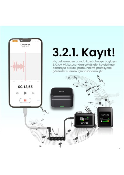 M1 WiFi Çift Vericili Gürültü Engelleme 100 Metre Menzil 32 Saat Pil Ömrü 2800mAh Kutu Batarya LCD Ekran Minimal Tasarım Kablosuz Yaka Mikrofonu Siyah