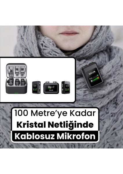 M1 WiFi Çift Vericili Gürültü Engelleme 100 Metre Menzil 32 Saat Pil Ömrü 2800mAh Kutu Batarya LCD Ekran Minimal Tasarım Kablosuz Yaka Mikrofonu Siyah