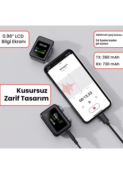M1 WiFi Çift Vericili Gürültü Engelleme 100 Metre Menzil 32 Saat Pil Ömrü 2800mAh Kutu Batarya LCD Ekran Minimal Tasarım Kablosuz Yaka Mikrofonu Siyah