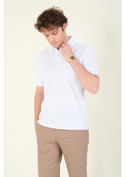 Erkek Süprem Kumaş Cepli Polo Yaka T-Shirt Beyaz fiyatları