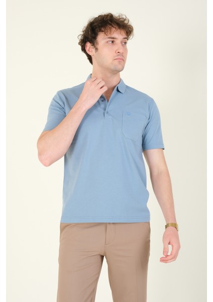 Erkek Süprem Kumaş Cepli Polo Yaka T-Shirt Mavi