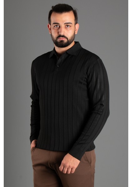 Erkek Siyah Dokulu Çizgili Polo Triko Kazak