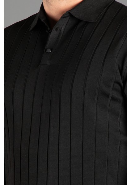 Erkek Siyah Dokulu Çizgili Polo Triko Kazak modelleri