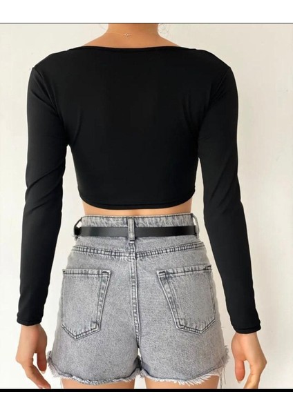 Kadın Uzun Kollu U Yaka Crop Bluz BLZ72490