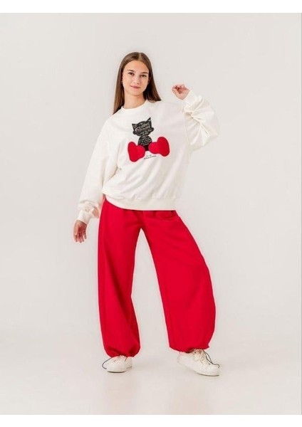 Kız Çocuk Kedi Baskılı Tasarım 2 Iplik Sweatshirt