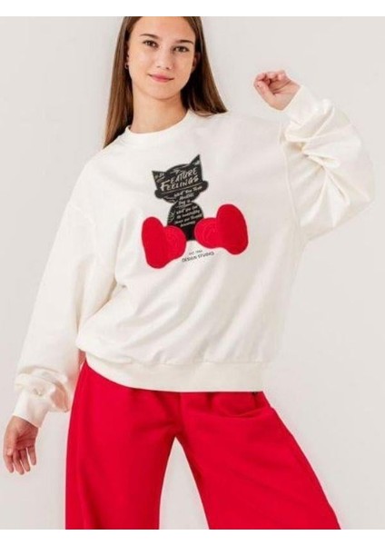 Kız Çocuk Kedi Baskılı Tasarım 2 Iplik Sweatshirt