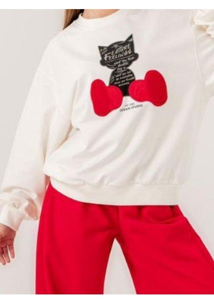 Kız Çocuk Kedi Baskılı Tasarım 2 Iplik Sweatshirt