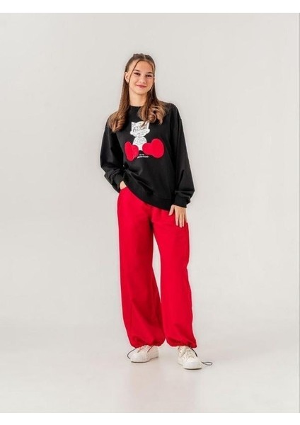 Kız Çocuk Kedi Baskılı Tasarım 2 Iplik Sweatshirt