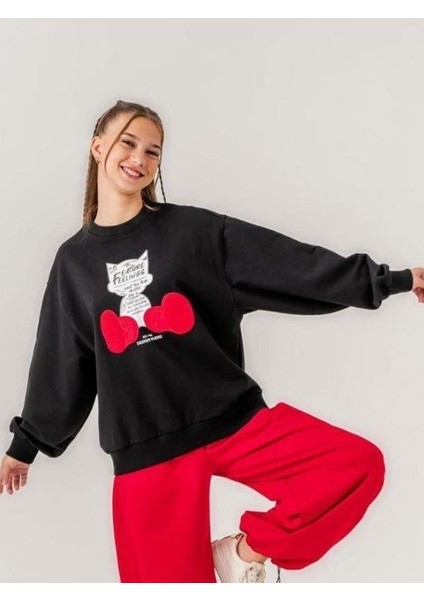 Kız Çocuk Kedi Baskılı Tasarım 2 Iplik Sweatshirt modelleri