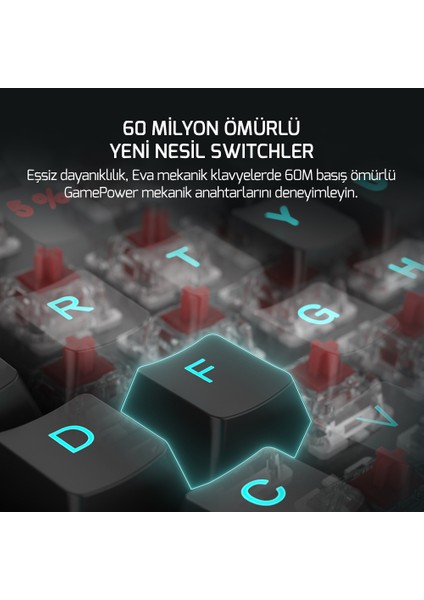 Eva 5 60M Mekanik Blue Switch Türkçe Q 88 Tuş USB Gaming Klavye - 3 Yıl Garantili