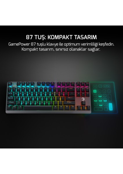 GamePower Eva 7 60M Mekanik Kablolu, 2.4Ghz, Bluetooth 3 Mod Blue Switch Türkçe Q 88 Tuş USB RGB Gaming Klavye - 3 Yıl Garantili