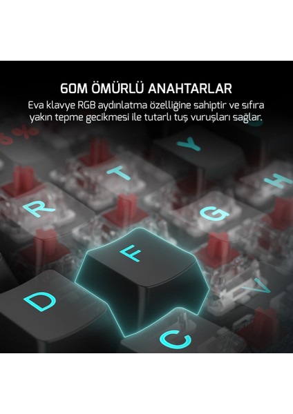 GamePower Eva 7 60M Mekanik Kablolu, 2.4Ghz, Bluetooth 3 Mod Blue Switch Türkçe Q 88 Tuş USB RGB Gaming Klavye - 3 Yıl Garantili