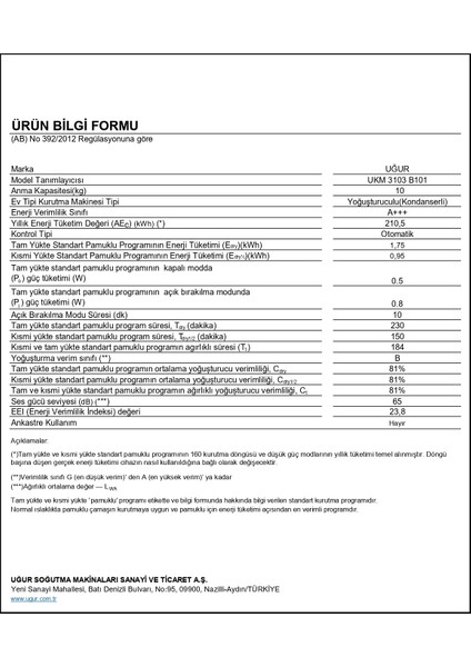 Ukm 3103 B101 10 kg Çamaşır Kurutma Makinesi