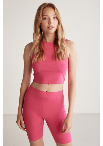 Isabel Kadın Esnek Kumaşlı Süprem Vücudu Tamamen Saran Yuvarlak Yaka Crop Pembe Body