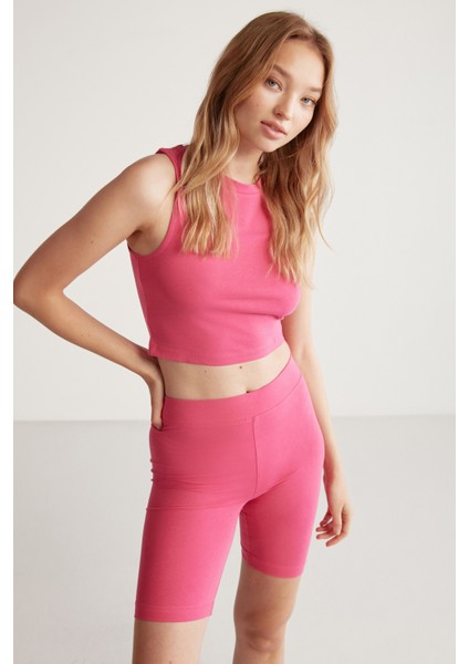 Isabel Kadın Esnek Kumaşlı Süprem Vücudu Tamamen Saran Yuvarlak Yaka Crop Pembe Body fiyatları