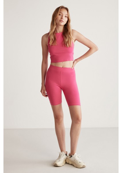 Isabel Kadın Esnek Kumaşlı Süprem Vücudu Tamamen Saran Yuvarlak Yaka Crop Pembe Body modelleri