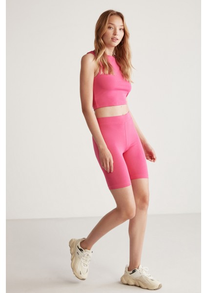 Isabel Kadın Esnek Kumaşlı Süprem Vücudu Tamamen Saran Yuvarlak Yaka Crop Pembe Body fırsatları