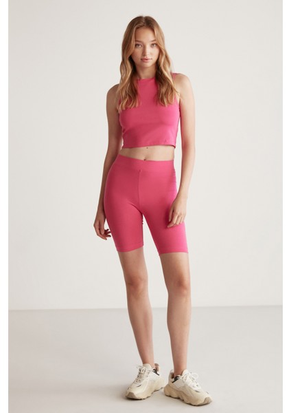 Isabel Kadın Esnek Kumaşlı Süprem Vücudu Tamamen Saran Yuvarlak Yaka Crop Pembe Body indirimleri