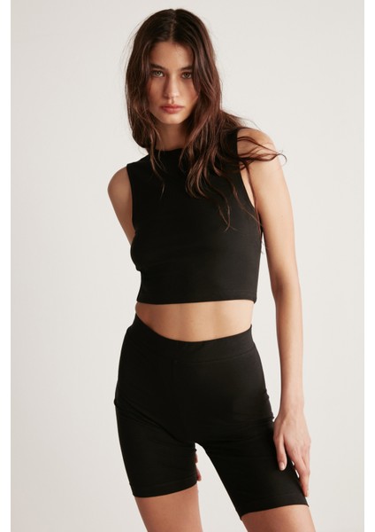 Isabel Kadın Esnek Kumaşlı Süprem Vücudu Tamamen Saran Yuvarlak Yaka Crop Siyah Body