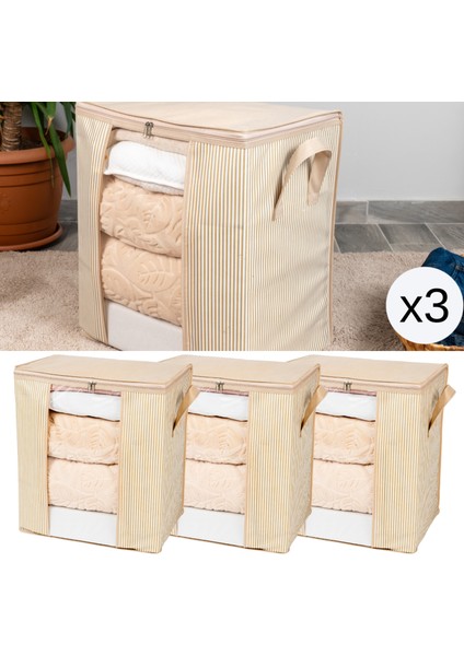 3 Adet Pencereli Çizgi Desen Baskılı Kıyafet Pike Battaniye Düzenleyici Hurç Seti 45X30X50 cm