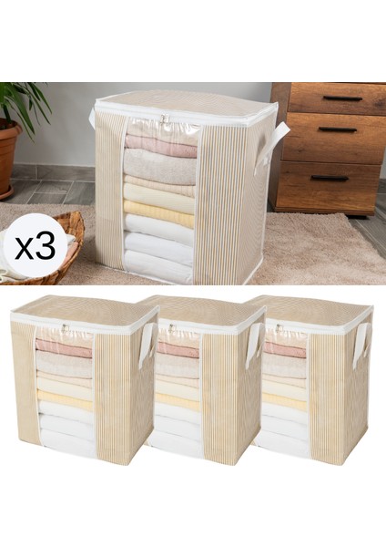 3 Adet Pencereli Çizgi Desen Baskılı Kıyafet Pike Battaniye Düzenleyici Hurç Seti 45X30X50 cm