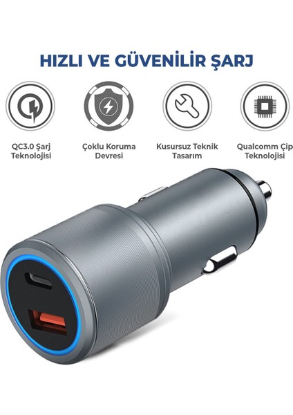 USB Type C Araç Şarj Cihazı - 2 Port, Hızlı Şarj 48W Çakmaklık Adaptörü