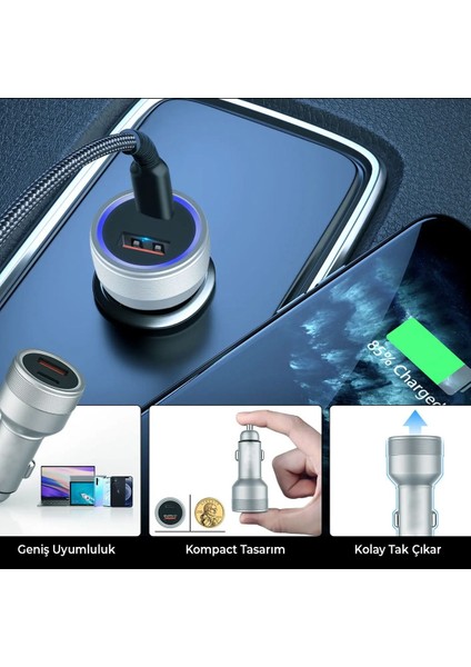 USB Type C Araç Şarj Cihazı - 2 Port, Hızlı Şarj 48W Çakmaklık Adaptörü