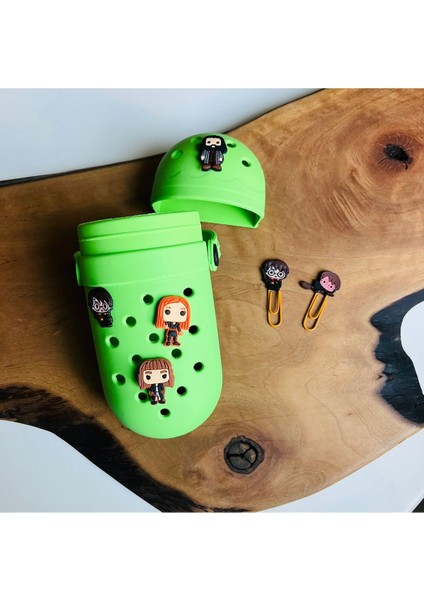 Yeşil Silikon Crocs Süslü Kalem Kutusu Crocs Ve Ataç 6 Lı Set Harry Potter Temalı