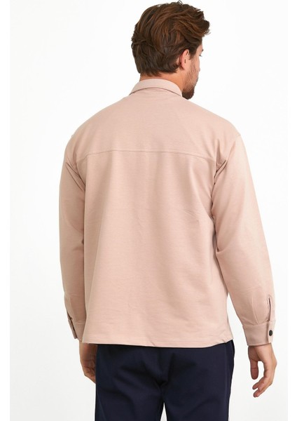 Çıtçıt Detaylı Slim Fit Sweatshirt Erkek Pudra Dış Gömlek