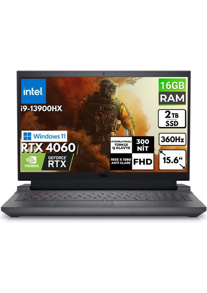 G15 5530 I9-13900HX 16-Gbddr5 2 Tbssd Rtx 4060 15.6" Fhd Windows 11 Pro Taşınabilir Bilgisayar G155530017U BT17