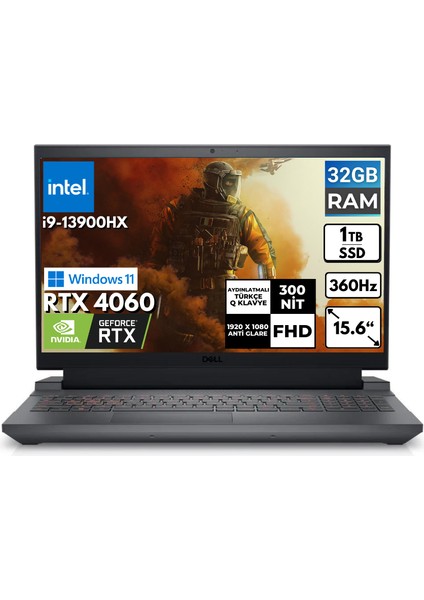 G15 5530 I9-13900HX 32-Gbddr5 1 Tbssd Rtx 4060 15.6" Fhd Windows 11 Pro Taşınabilir Bilgisayar G155530017U Bt6