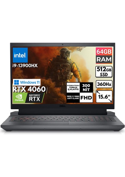 G15 5530 I9-13900HX 64-Gbddr5 512 GB SSD Rtx 4060 15.6" Fhd Windows 11 Home Taşınabilir Bilgisayar G155530017U BT39