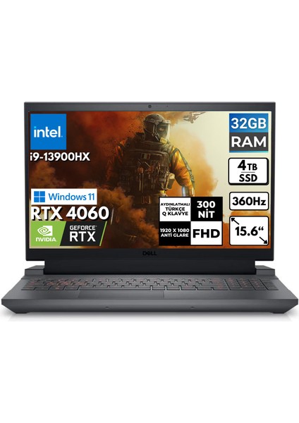 G15 5530 I9-13900HX 32-Gbddr5 4 Tbssd Rtx 4060 15.6" Fhd Windows 11 Home Taşınabilir Bilgisayar G155530017U BT26