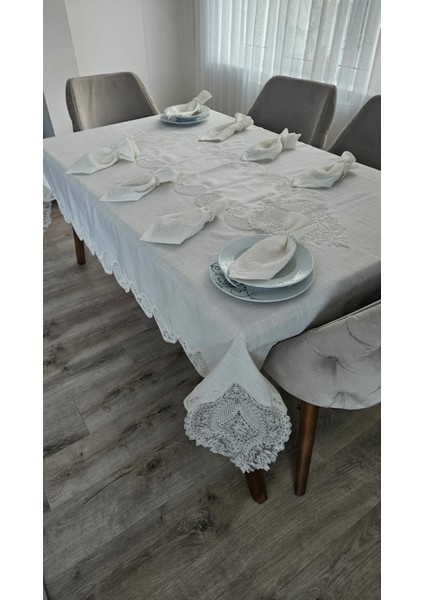 Lüx Gardenya Keten 12 Kişilik 26 Parça Şal Desen Ağır Dantelli Masa Örtüsü -160X220...160X500