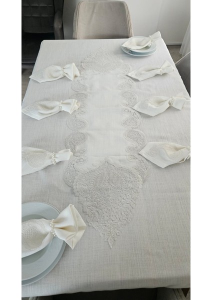Lüx Gardenya Keten 12 Kişilik 26 Parça Şal Desen Ağır Dantelli Masa Örtüsü -160X220...160X500