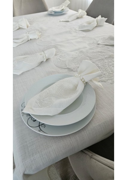 Lüx Gardenya Keten 12 Kişilik 26 Parça Şal Desen Ağır Dantelli Masa Örtüsü -160X220...160X500