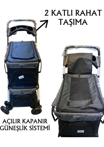 Iki Katlı Evcil Hayvan Arabası 85 x 51 x 100 cm Lacivert Max 10+10 kg