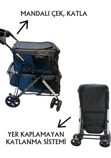 Iki Katlı Evcil Hayvan Arabası 85 x 51 x 100 cm Lacivert Max 10+10 kg