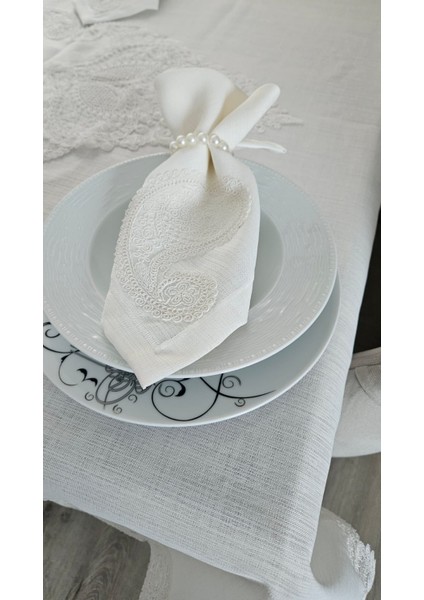 Lüx Gardenya Keten 12 Kişilik 26 Parça Şal Desen Ağır Dantelli Masa Örtüsü -160X220...160X500 modelleri