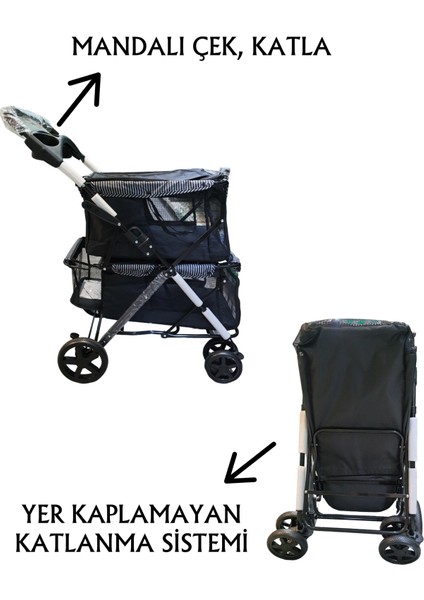 Iki Katlı Evcil Hayvan Arabası 85 x 51 x 100 cm Siyah Max 10+10 kg