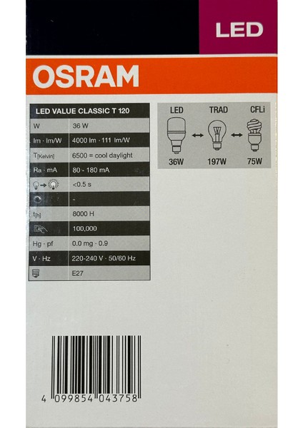 36W (197W) 6500K (Beyaz Işık) E27 Duylu LED Torch Ampul (10 Adet)