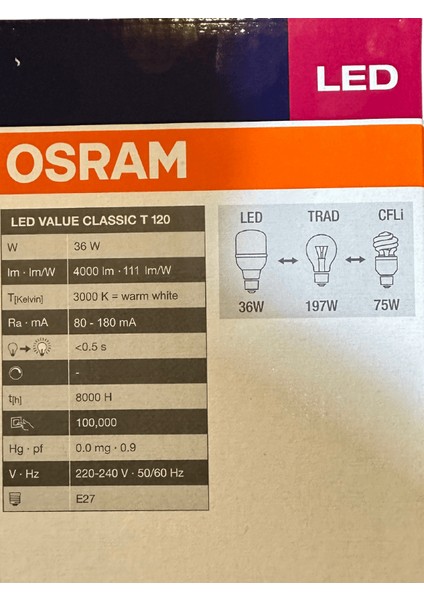 36W (197W) 3000K (Sarı Işık) E27 Duylu LED Torch Ampul (8 Adet)