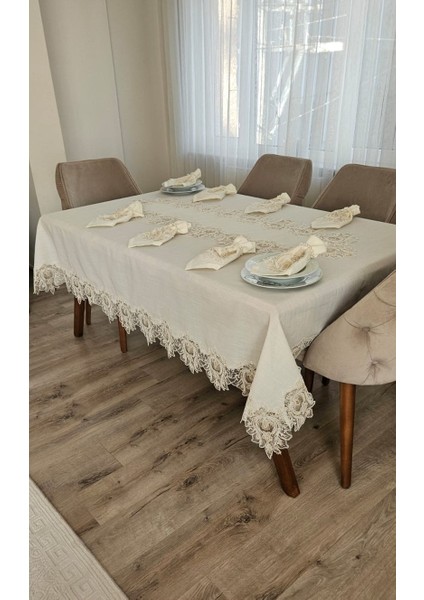 Lüx Gardenya Keten 12 Kişilik 26 Parça Çınar Desen Ağır Dantelli Masa Örtüsü -160X220...160X500