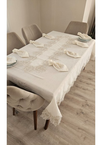 Lüx Gardenya Keten 12 Kişilik 26 Parça Çınar Desen Ağır Dantelli Masa Örtüsü -160X220...160X500 fiyatları