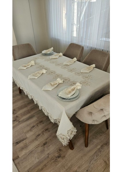 Lüx Gardenya Keten 12 Kişilik 26 Parça Çınar Desen Ağır Dantelli Masa Örtüsü -160X220...160X500 modelleri