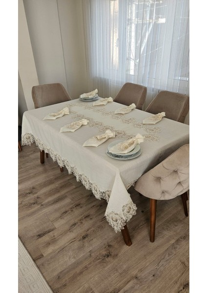 Lüx Gardenya Keten 12 Kişilik 26 Parça Çınar Desen Ağır Dantelli Masa Örtüsü -160X220...160X500 fırsatları