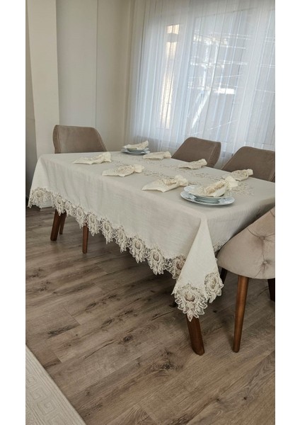 Lüx Gardenya Keten 12 Kişilik 26 Parça Çınar Desen Ağır Dantelli Masa Örtüsü -160X220...160X500 indirimleri