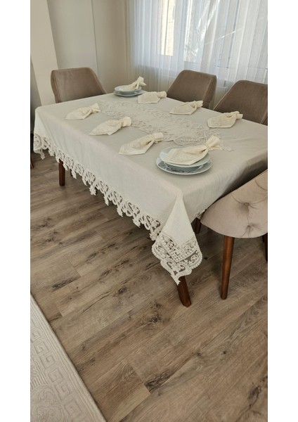 Lüx Gardenya Keten 12 Kişilik 26 Parça Kalp Desen Ağır Dantelli Masa Örtüsü -160X220...160X500