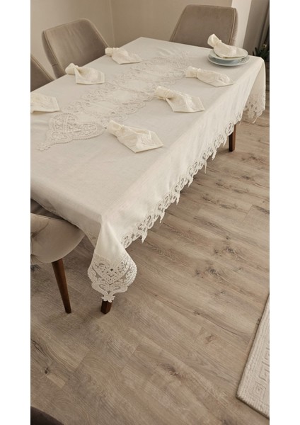 Lüx Gardenya Keten 12 Kişilik 26 Parça Kalp Desen Ağır Dantelli Masa Örtüsü -160X220...160X500 modelleri